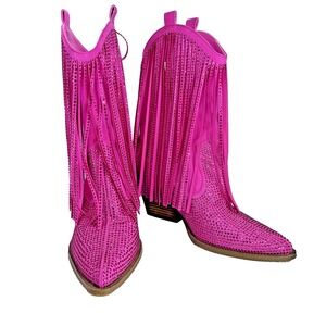 Jessica Simpson Hot Pink Rhinestone Fringe Western Cowboy Boots Sz 9.5 Womens